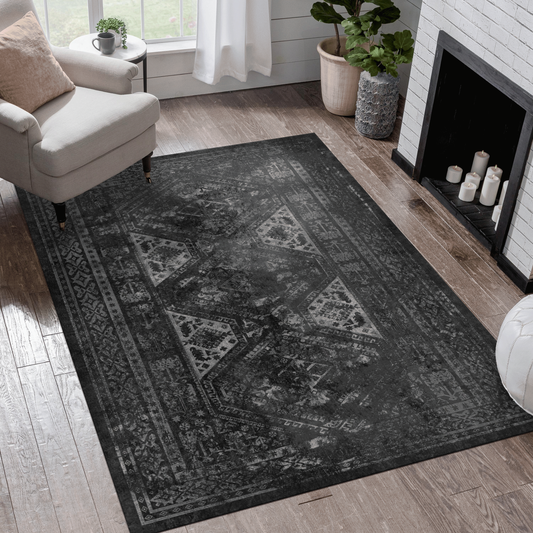 Area Rug 5x8, Washable Rug, Low-Pile, Non-Slip, Non-Shedding, Foldable, Kid & Pet Friendly - Area Rugs for living room, bedroom, kitchen, dining room rug - Perfect Gifts, (Black+ Gray, 5' x 8')