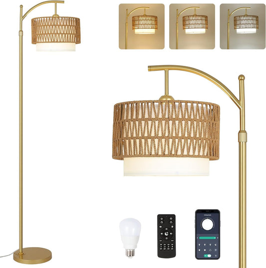 Gold Floor Lamps for Living Room with Remote & Dimmable LED Bulb, Modern Arc Floor Lamp with 3 Color Temperatures, Boho Standing Lamp with Rattan & Fabric Shades, Adjustable Tall Lamp for Bedroom