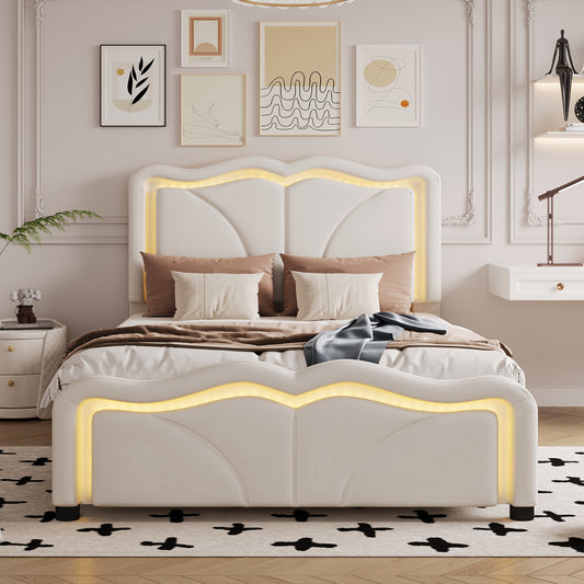 Twin Size Upholstered Platform Bed with Curve Shaped and Height-adjustbale Headboard,LED Light Strips,White