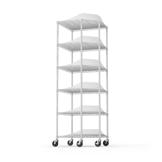 6 Tier Shelf Corner Wire Shelf Rack Pentagonal Shelves with Wheels Adjustable Metal Heavy Duty Free Standing Corner Storage Display Chrome Rack for Bathroom, Living Room, Kitchen - White