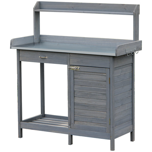 Outsunny Outdoor Potting Bench Table, Garden Work Station with Storage Cabinet, Open Shelf and Steel Tabletop, Gray