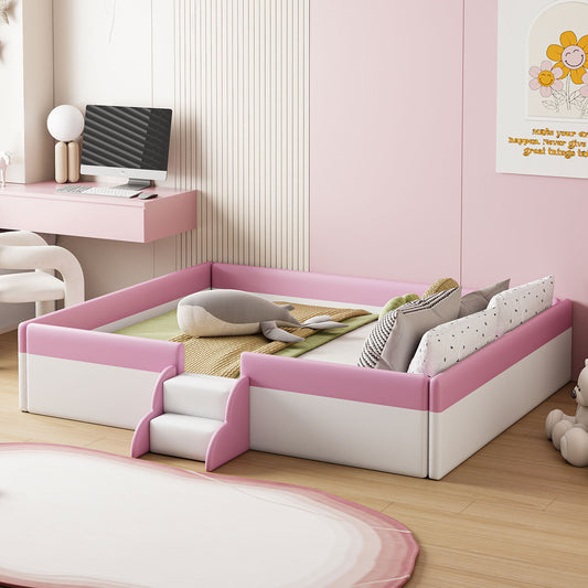 Queen Size Upholstered  Daybed Frame with Fence and Stairs,(PINK+WHITE)