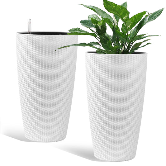 Indoor/Outdoor Modern The appearance is made of imitation rattan Design Planter,22.5 inch White Plastic Large Plant Pot With Automatic Watering System for Home and Garden  (White, 22.5 inch - 2 Pack)