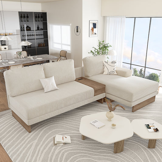 114' L-shaped Sofa Sectional Sofa with Two USB Ports and Two Power Sockets, a Storage Drawer and a Reversible Chaise Lounge for Living Room, Beige