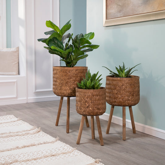 S/3 BAMBOO PLANTERS 11/13/15' BROWN