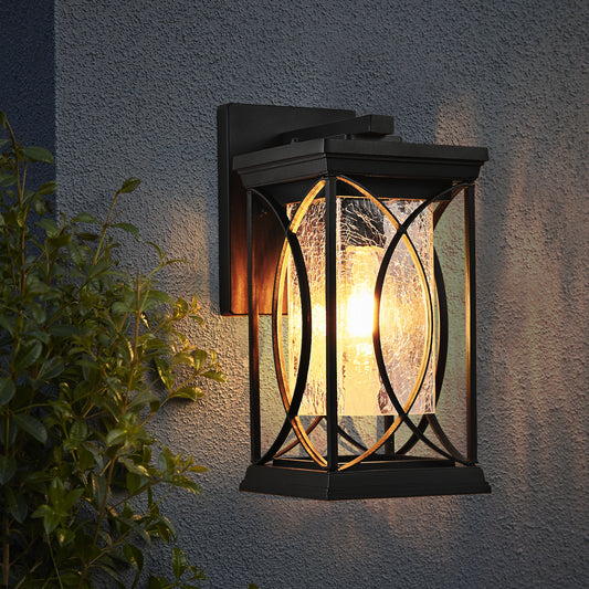 14'(H) 1-pack Black Outdoor Wall Lantern with Crackled Glass, Weather-Resistant Exterior Light Fixture for Porch, Patio, and Entryway, Modern Decorative Wall Sconce with E26 Base (Bulb Not Included)