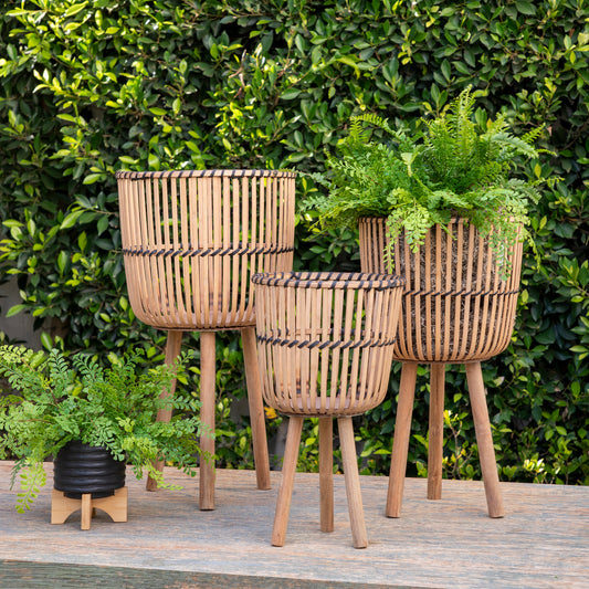 S/3 BAMBOO FOOTED PLANTERS 11/13/15', NATURAL