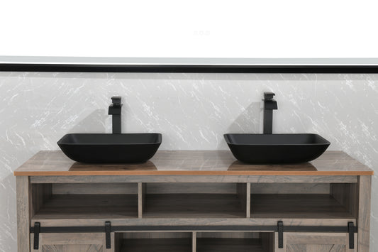 13.0' L -18.13' W -4' H Matte Shell Glass Rectangular Vessel Bathroom Sink in Black with Matte Black Faucet and Pop-Up Drain in Matte Black