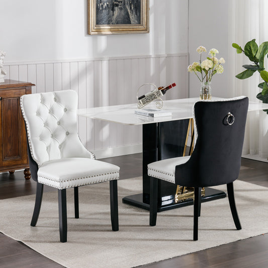 A&A Furniture,Nikki Collection Modern,High-end Tufted Solid Wood Contemporary PU and Velvet Upholstered Dining Chair with Wood Legs Nailhead Trim  2 Pcs Set,White+Black, SW2101WB