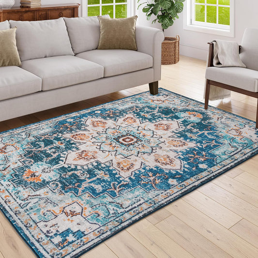 Area Rug 5x7 Vintage Bohemia Large Persian Non-slip Washable Rug For Living Room Kitchen Bedroom Living Room Flower Design Blue/Beige