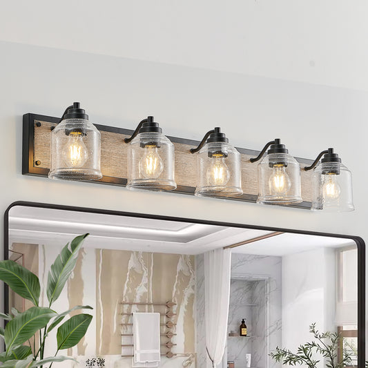 40' Farmhouse Vanity Light Fixture, 5-Light Bathroom Wall Sconce with Clear Seeded Glass Shades, Black and Wood Grain Finish, Modern Industrial Design for Bathroom or Powder Room (No Bulbs)