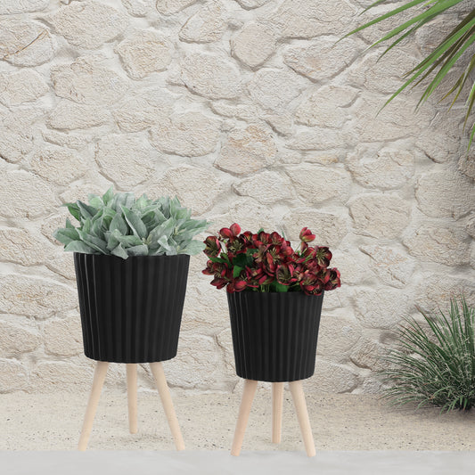 S/2 10/12' RIDGED PLANTER W/ WOOD LEGS, BLACK (KD)