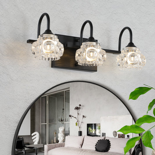 17' Retro 3-Light Bathroom Vanity Light Fixture - Black Finish with Crystal Glass Shades, Wall Mounted Lighting for Bathroom, Powder Room, and Vanity Mirror (No Bulbs)