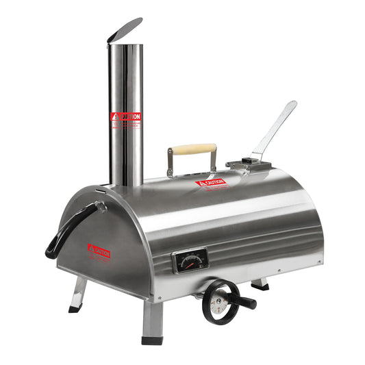 Silver Pizza Oven Outdoor 12' Semi-Automatic Rotatable Pizza Ovens Portable Stainless Steel Wood Fired Pizza Oven Pizza Maker with Built-in Thermometer Pizza Cutter Carry Bag