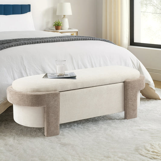 Large Versatile Storage Ottoman Bench: Spacious, Durable, and Stylish for Any Room, Off-White with light camel(51'*20'*17')