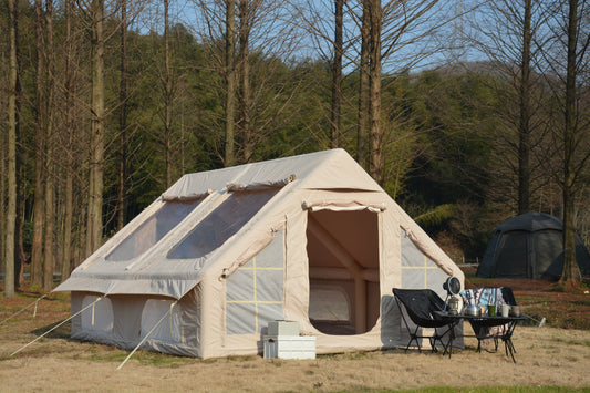 9.8 x13ft  Inflatable Camping Tents with Hand Pump, Air Glamping Tents, Easy Setup Waterproof and Windproof Blow up Tent, 4 Seasons Oxford Cabin Tent with Mesh & Chimney Window. Beige