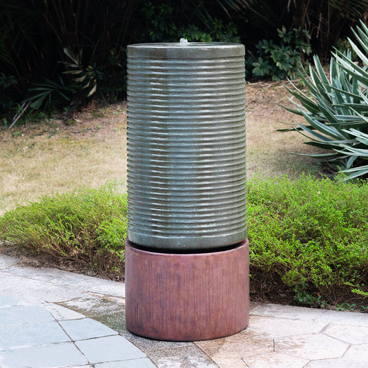 44' Tall Large Modern Cylinder Ribbed Tower Water Fountain With Rustic Base, Contemporary Antique Green Copper Finish Outdoor Bird Feeder / Bath Cement Fountain