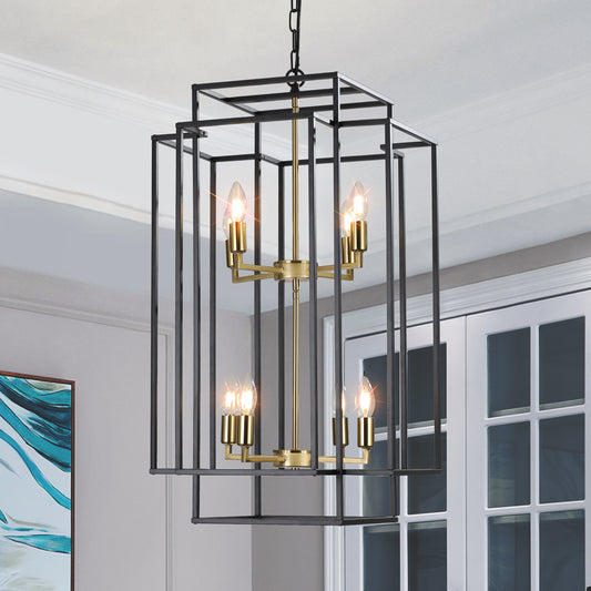 (Same as W1340142524/L1018-G) 18' Modern 8-Light Black Gold Geometric Pendant Chandelier, Industrial Metal Frame, Adjustable Hanging Light for Living Room, Dining Room, Kitchen (No Bulbs)