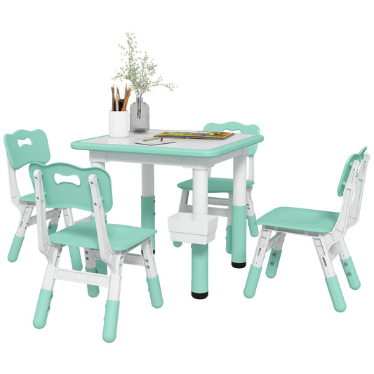 Qaba Kids Table and Chair Set, Height Adjustable 5 Piece Toddler Table and Chair Set with Storage Box, Easy to Wipe Activity Table with 4 Chairs for Ages 18 Months-5 Years, Green