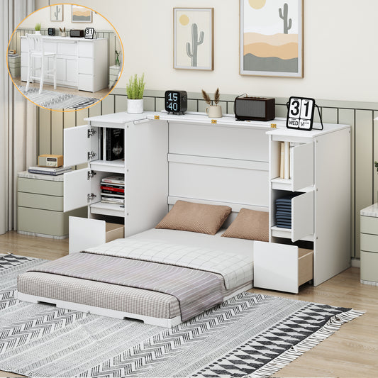 Twin Size Murphy Bed with Drawers, Cabinets and USB Ports,White