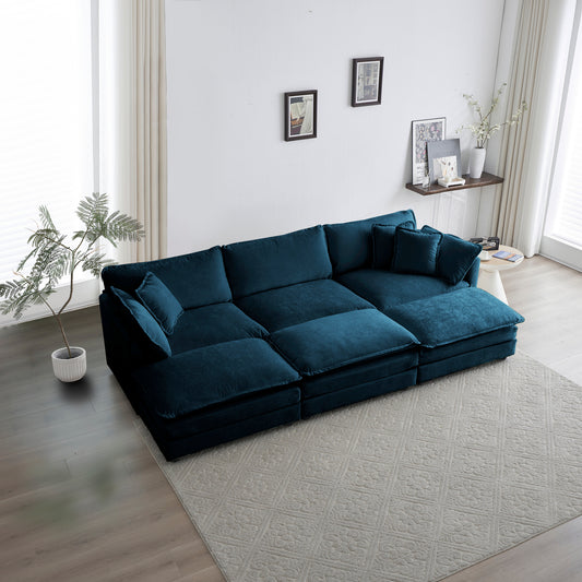 Comfortable Deep Seat Reversible Modular 6 Seater Sectional Super Soft Sofa U Shaped Sectional Couch with 3 Ottomans, 3 Toss Pillows and 2 Arm Pillows , Blue Chenille