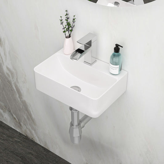 14.5x10 Inch White Ceramic Rectangle Wall Mount Bathroom Sink with Single Faucet Hole