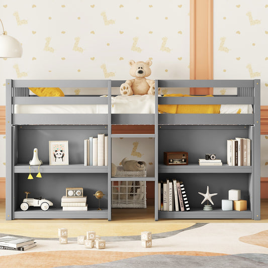 Twin Size Kid Low Loft Bed With Two-Tier Shelves And LED Light For Grey Color