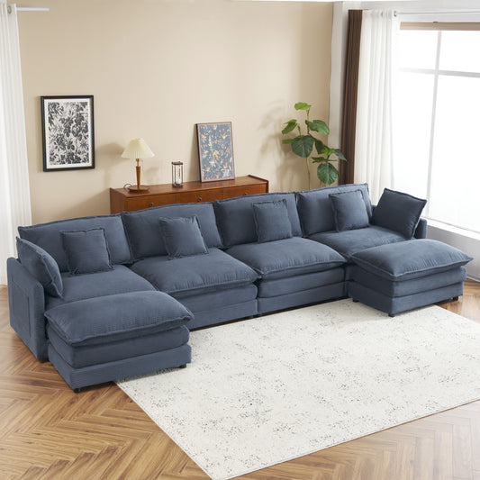 149.6' Modern Sofa Modular Sofa Couch Upholstered Corduroy L-Shape Sectional Sofa with Side Storage Pockets for Living Room, Blue